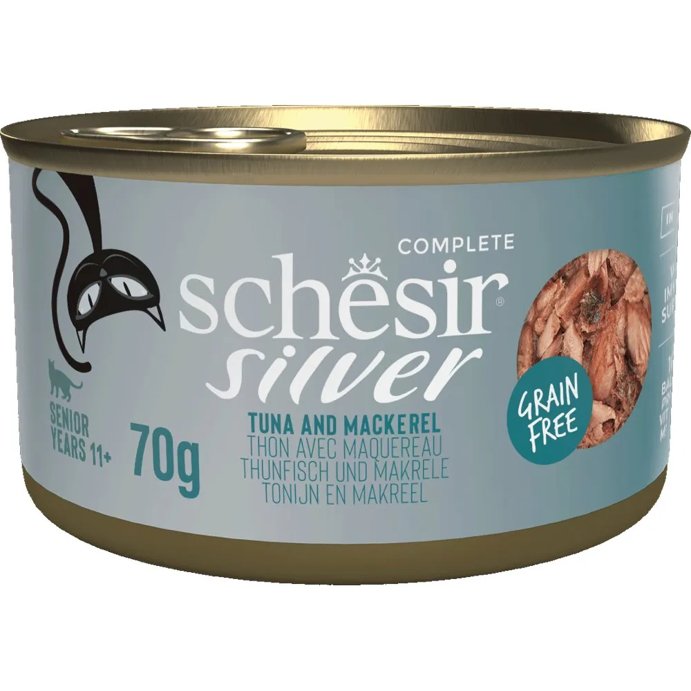 15% OFF: Schesir Silver Tuna & Mackerel in Broth Grain-Free Senior Canned Cat Food 70g