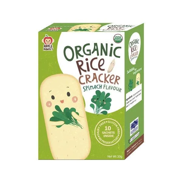 Apple Monkey Organic Rice Crackers - Spinach