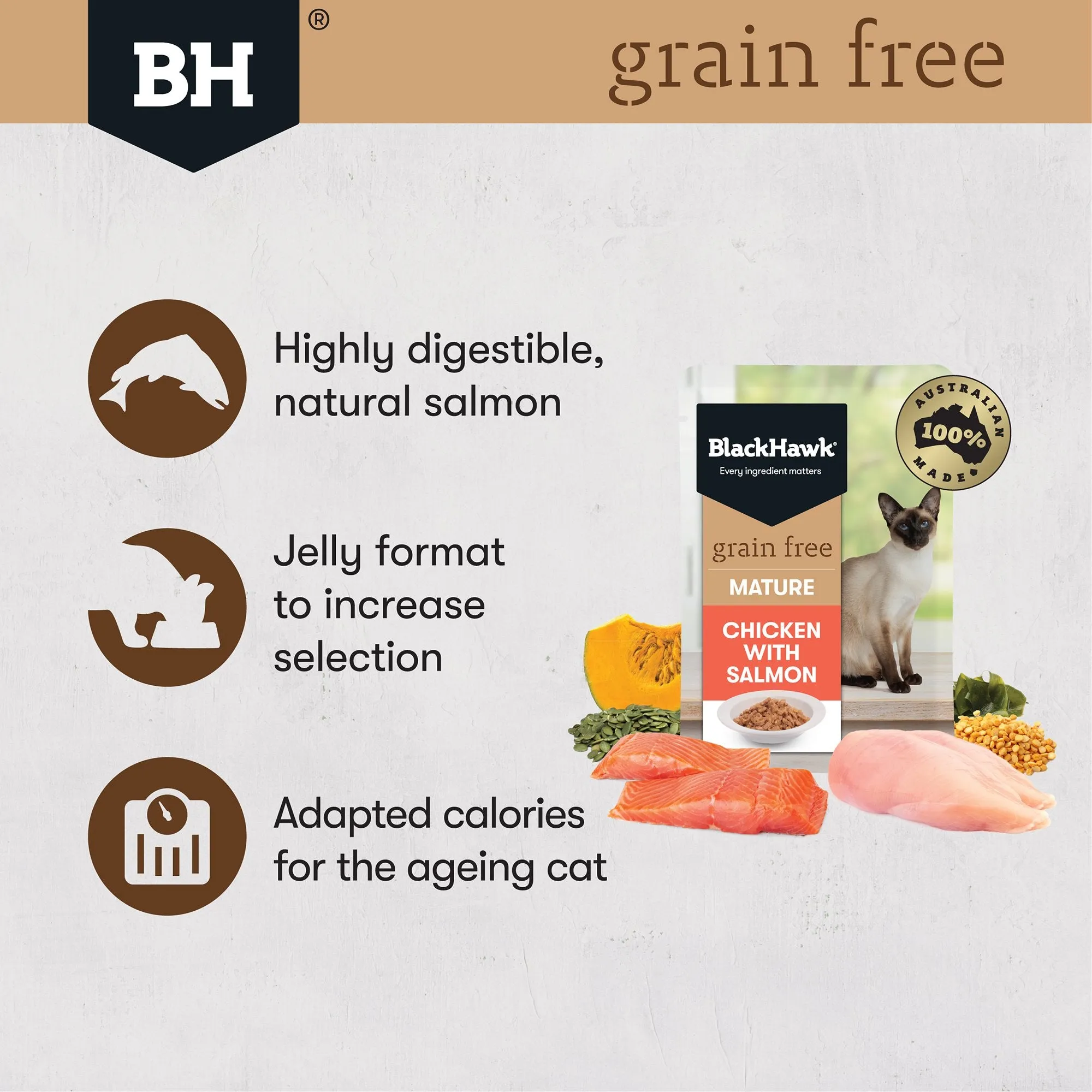 Black Hawk Grain Free Chicken with Salmon Mature Wet Cat Food 85g x 12***