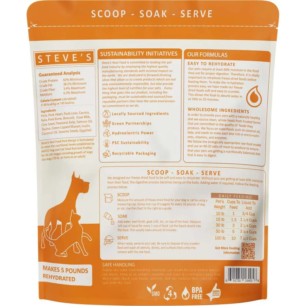 'BUNDLE DEAL FREE WIPES': Steve's Real Food Pork Grain-Free Freeze-Dried Raw Food For Cats & Dogs 20oz