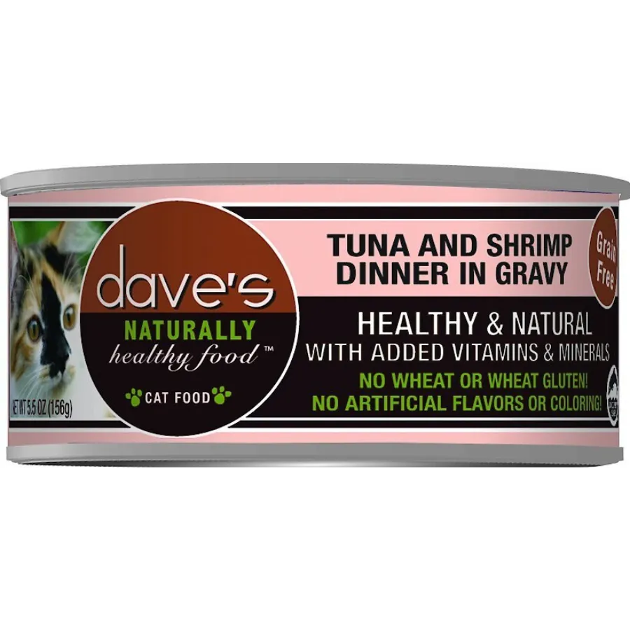 Dave's Pet Food Naturally Healthy Grain-Free Grilled Tuna & Shrimp Dinner in Gravy Canned Cat Food 5.5-oz