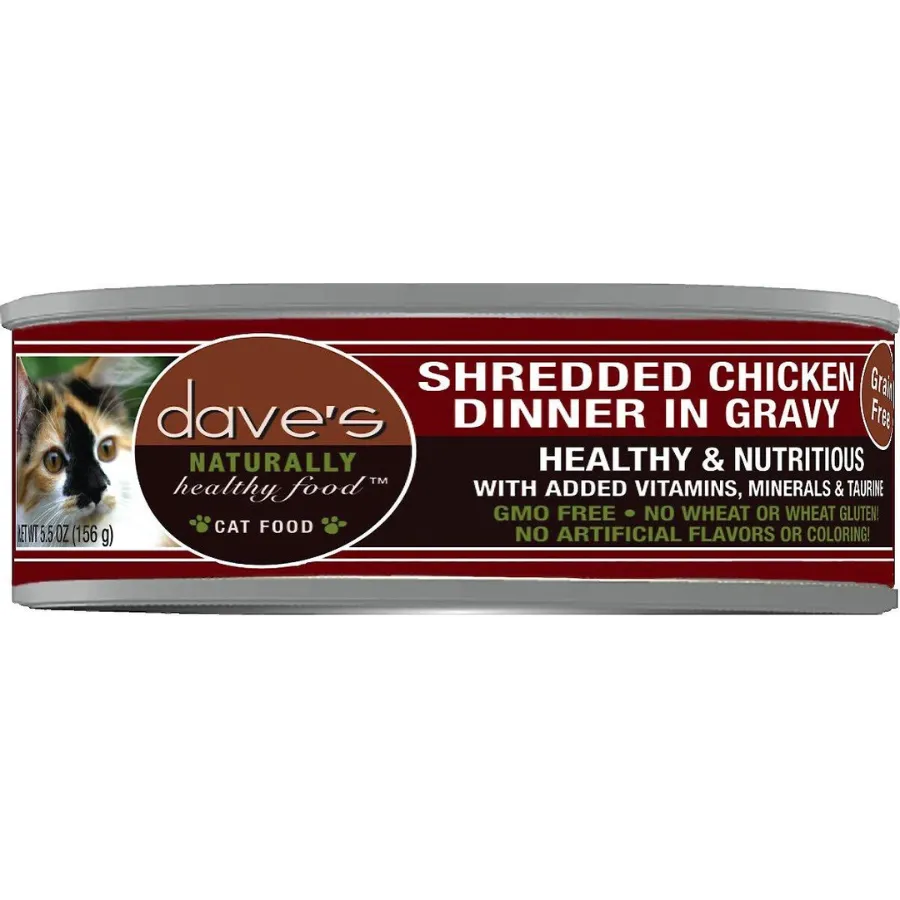 Dave's Pet Food Naturally Healthy Grain-Free Shredded Chicken Dinner in Gravy Canned Cat Food, 5.5-oz