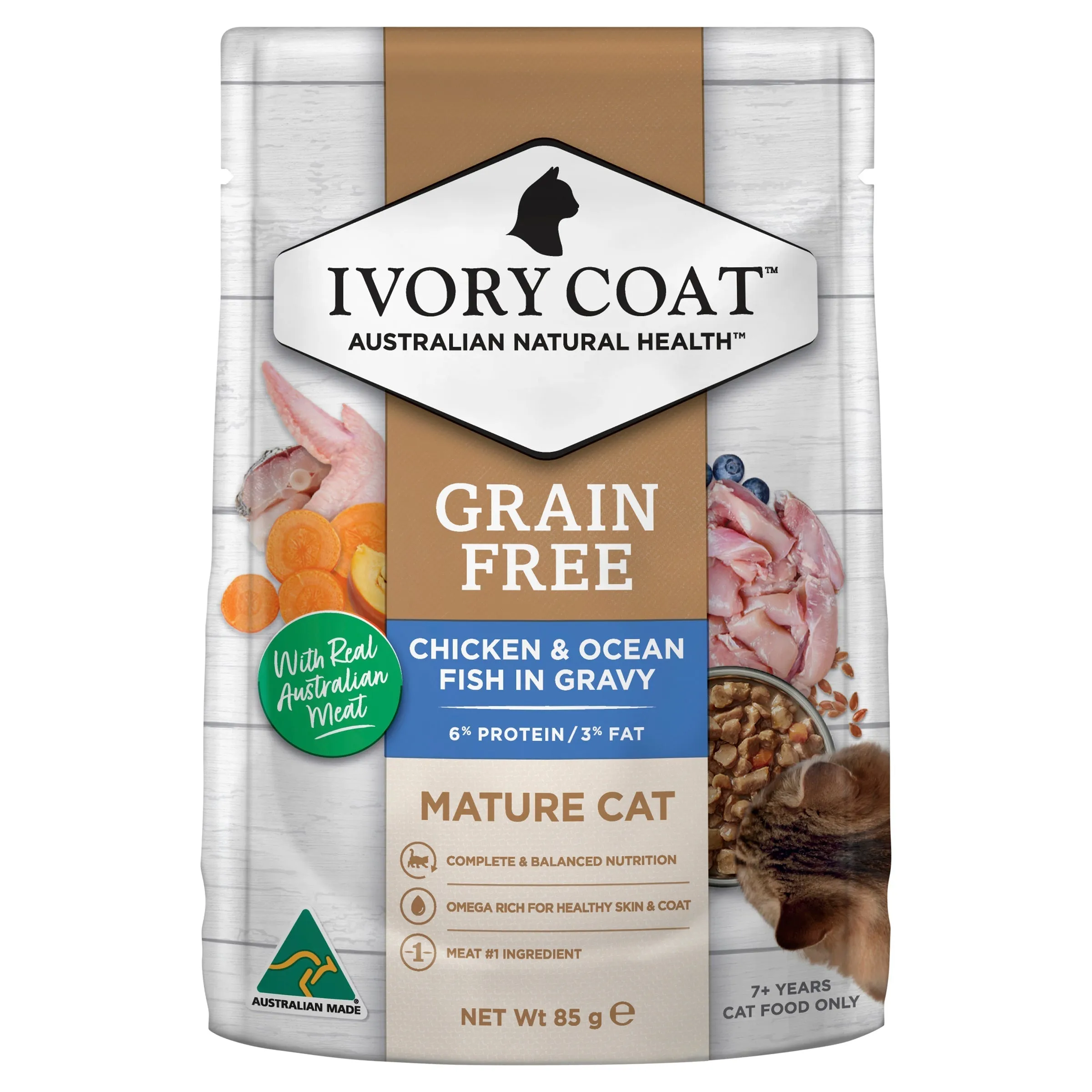 Ivory Coat Grain Free Chicken and Ocean Fish in Gravy Mature Cat Wet Food 85g