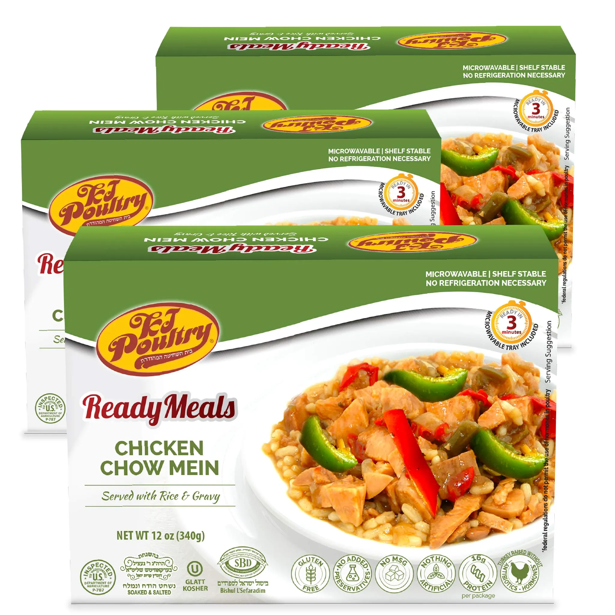 KJ Poultry Kosher MRE Meat Meals Ready to Eat, Gluten-Free Chicken Chow Mein - 3 Pack